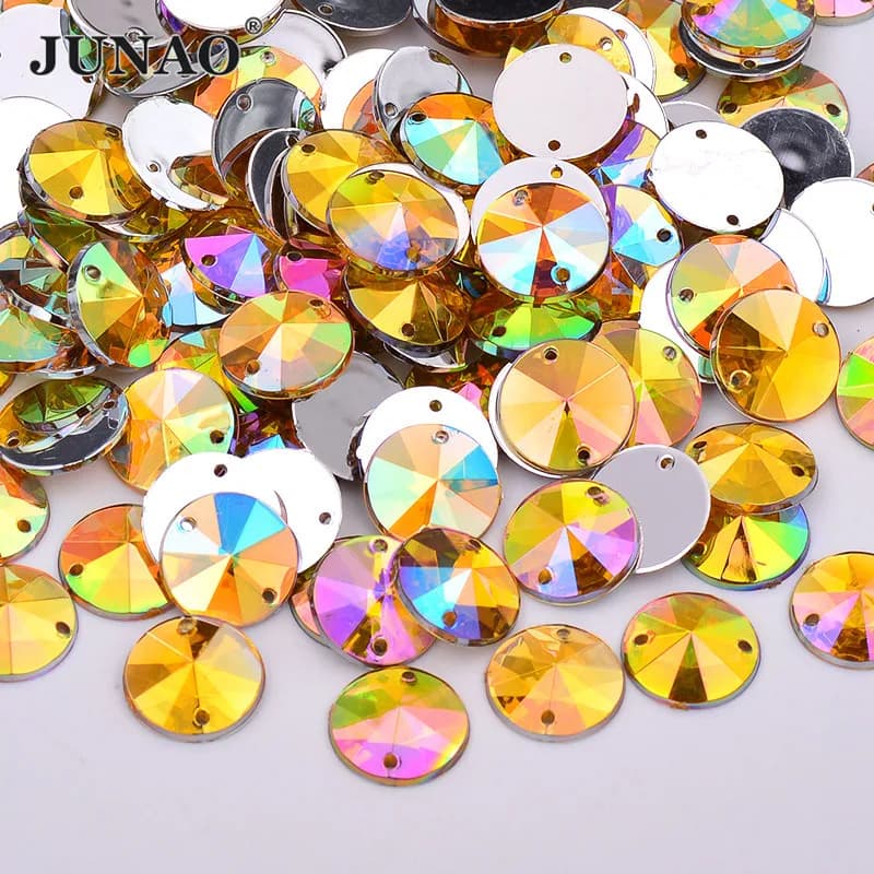JUNAO 1000 pièces 10mm jaune AB Rivoli couture Strass rond acrylique cristal Strass dos plat cousu pierres décoration Applique