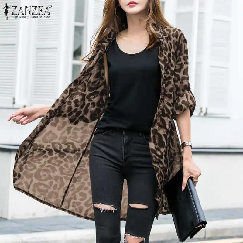 Mode imprimé léopard Cardigans femmes été couvrir Blouses ZANZEA 2025 décontracté longue Kimono Cape femme revers tunique Chemise