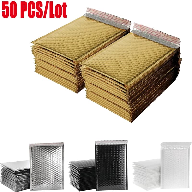 50 pcs/Lot enveloppe en mousse auto-scellante enveloppes d'expédition rembourrées avec sac d'expédition à bulles paquets d'expédition noir or argent