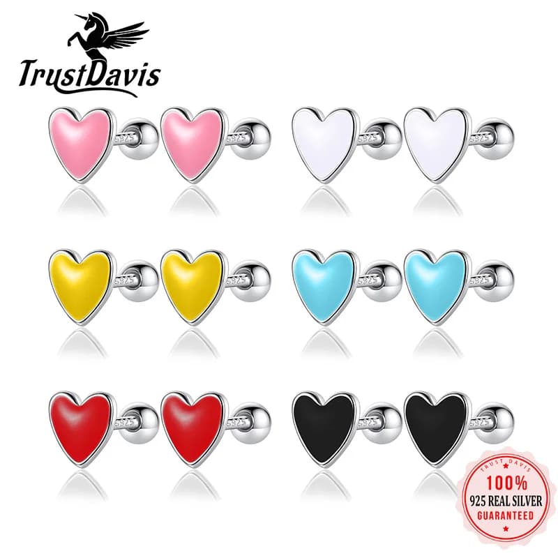 TrustDavis réel 925 en argent Sterling mode couleur glaçure coeur vis boucles d'oreilles pour les femmes de mariage bijoux fins DA3011