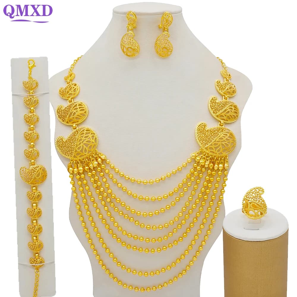 Ensemble de bijoux en or africain pour femmes, bijoux indiens, collier nigwin, bague, boucle d'oreille, accessoires de mariage, Dubaï