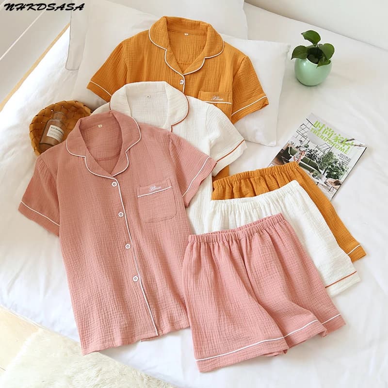 NHKDS.co.jp-Ensembles de pyjamas en pansement de coton pour femmes et hommes, chemise à manches courtes, simple et solide, service à domicile, couple d'été