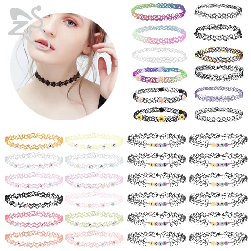 ZS 12 pièces/ensemble couleur mixte tatouage collier ras du cou pour femmes filles Vintage extensible chaîne élastique collier gothique Punk colliers
