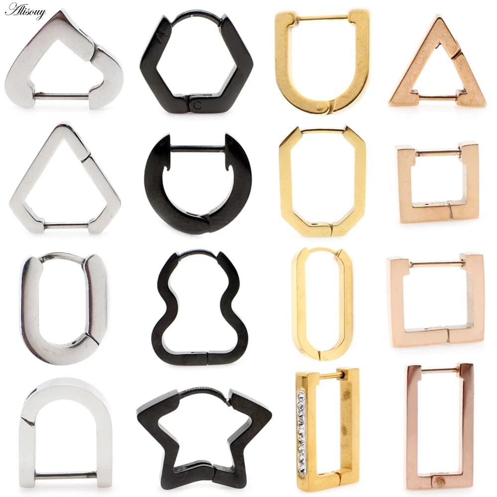 Alisouy Lot de 2 Boucles d'oreilles créoles unisexe en acier inoxydable avec zircone cubique, motifs Triangle, Carré, Cœur, Étoile, Ovale, Bijoux de piercing