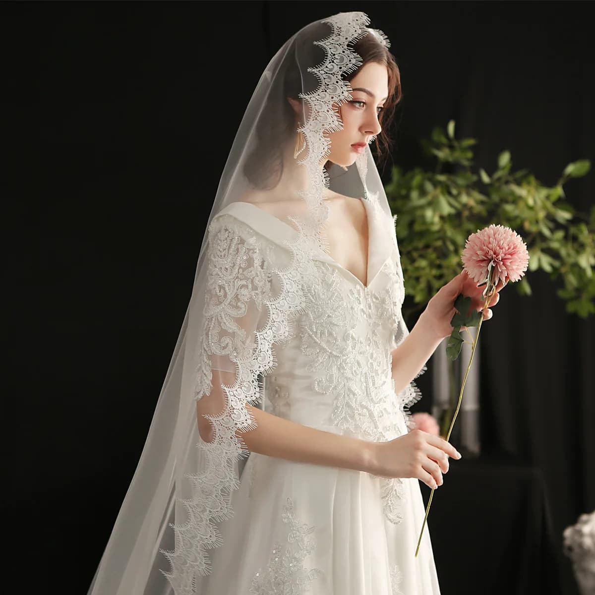 Voile de Mariage en Dentelle, Une Couche, Bord Complet, avec Peigne, Élégant, Long, pour Patients, 3m, 4m