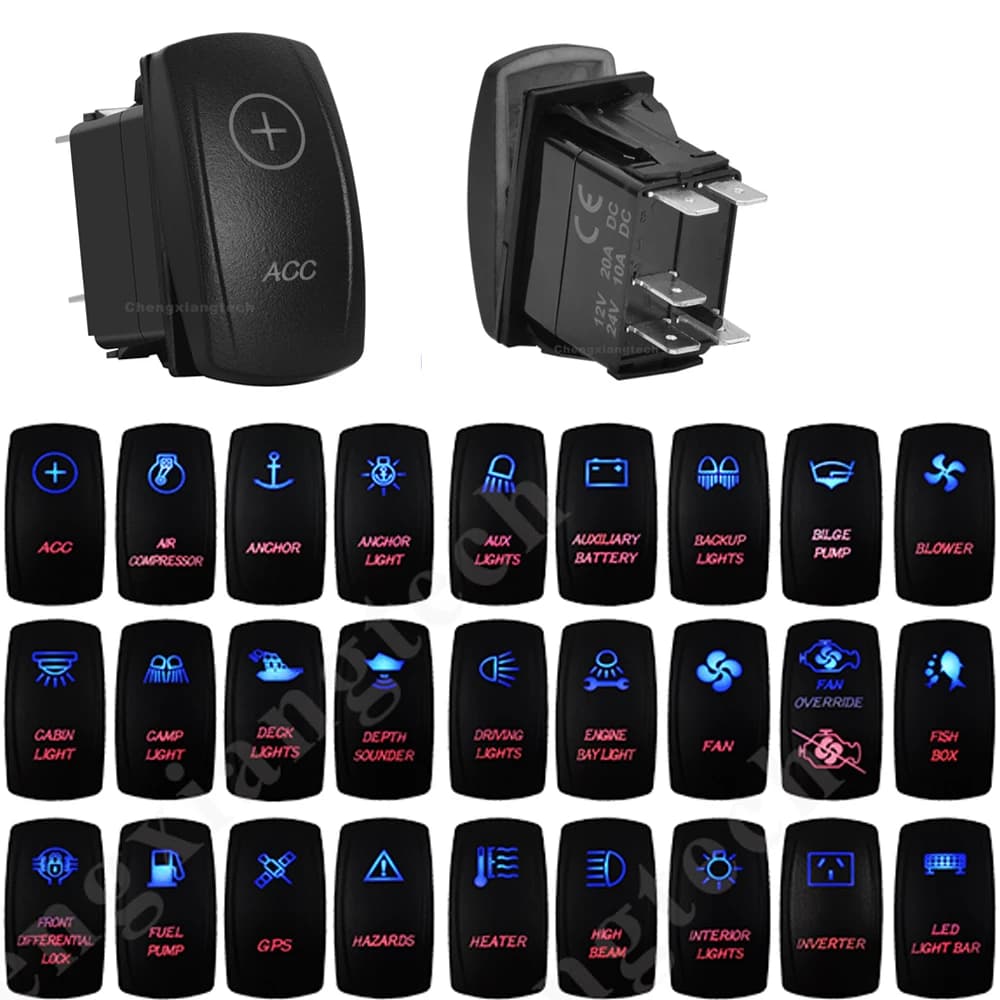 Interrupteur à bascule étanche 5 broches SPST marche/arrêt avec LED bleue et rouge 20A/12V 10A/24V pour GPS de voitures, camions, camping-cars, bateaux
