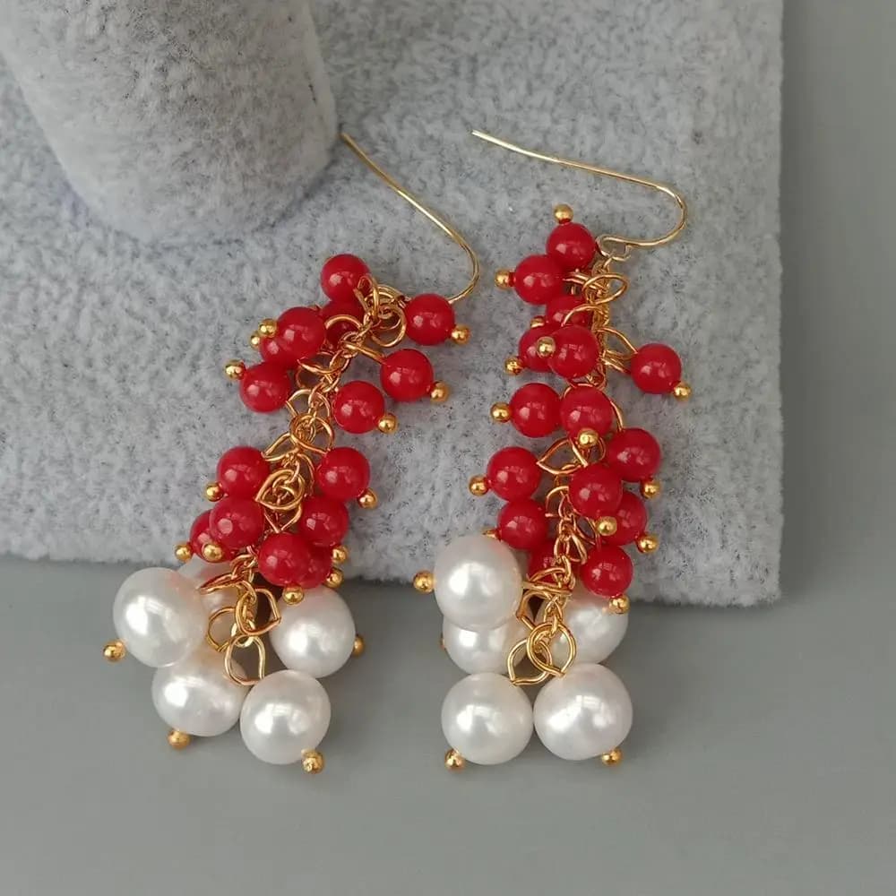 Y · YING – boucles d'oreilles rondes en corail rouge, 4mm, perles rondes blanches, crochet