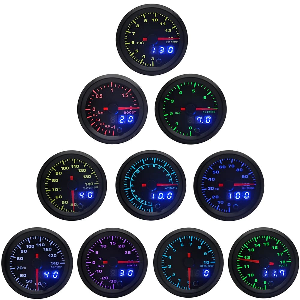 2' 52mm 7 couleurs LED double affichage : pression d'essence, température d'eau, température d'huile, pression d'huile, tension, rapport air/carburant, EGT, tachymètre, jauge de voiture + boîtiers de