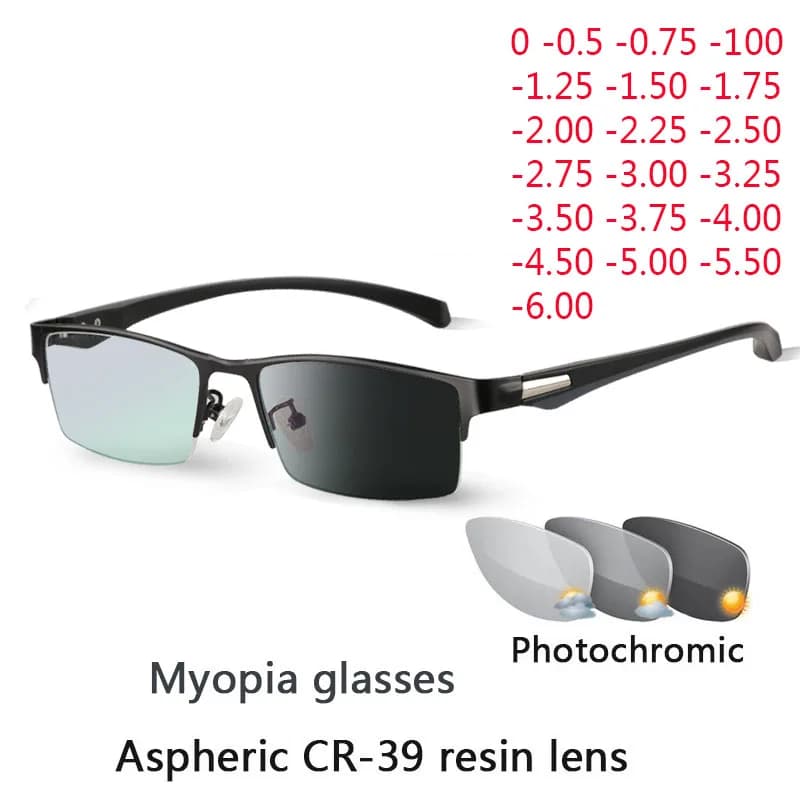 Nouvelles lunettes de vue photochromiques pour hommes, étudiants, monture demi-cerclée, correction myopie, verres de prescription -1.0 -4.0