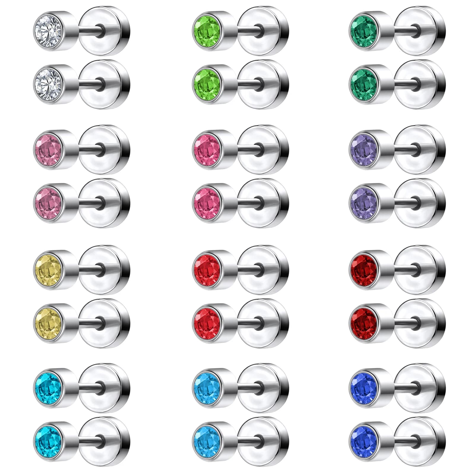24 pièces/lot 20G boucles d'oreilles en acier inoxydable ensemble pour femmes filles rondes clous d'oreille en cristal Helix Tragus Cartilage Piercing boucle d'oreille