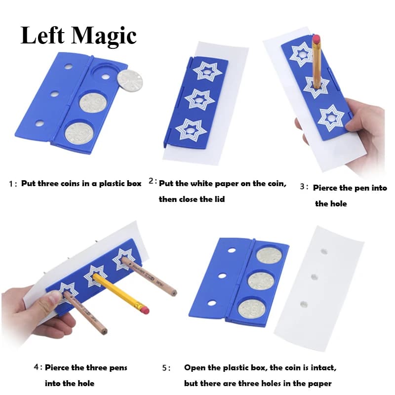 Coins de pénétration au crayon, tours de magie, stylos à trou traversant, jouet d'illusion de gros plan, accessoire d'évasion de pièces de monnaie, jouets magiques de scène de rue, Illusion