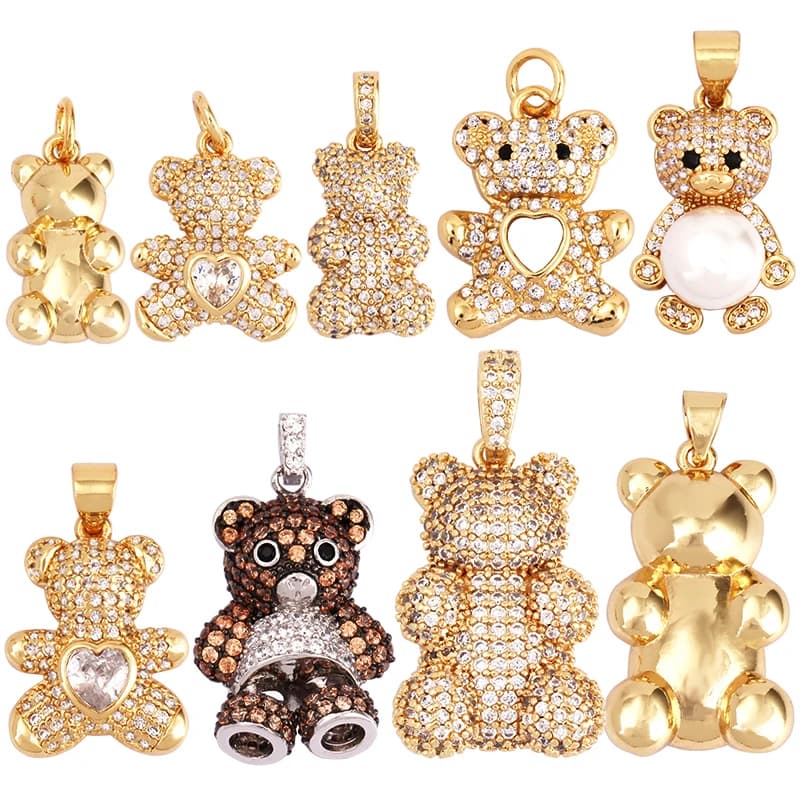 Pendentif à breloque ours mignon couleur or, perle zircone cubique pavé CZ, fabrication de bijoux, collier et bracelets, fournitures en gros M85