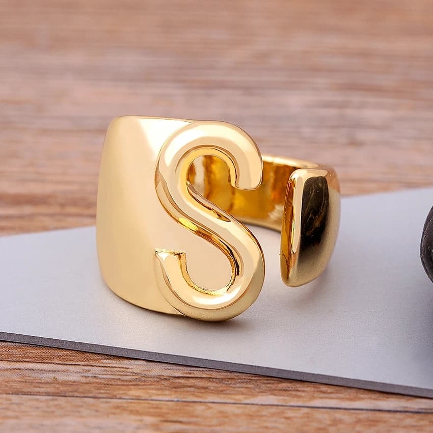 Bague d'ouverture réglable avec lettres creuses A-Z, couleur or, initiales du nom de l'alphabet, gros et large, bijoux de fête de mariage pour femmes