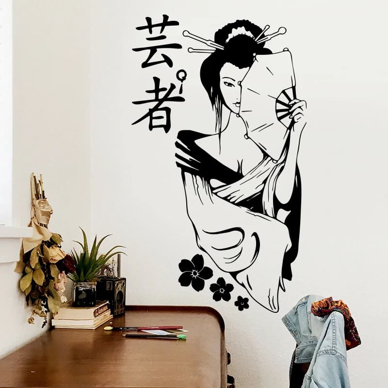 Autocollant mural Geisha Janpan, fille manga, aucune fleur, décalcomanie pour chambre d'enfant, salon, Anime financièrement fille, décor de chambre