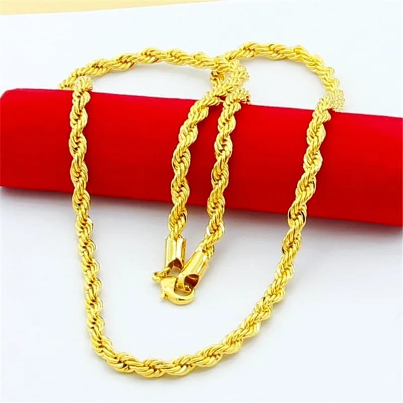 Collier en or 24K pour hommes et femmes, bijou de mariage, cordon torsadé de 4MM, plaqué par galvanoplastie