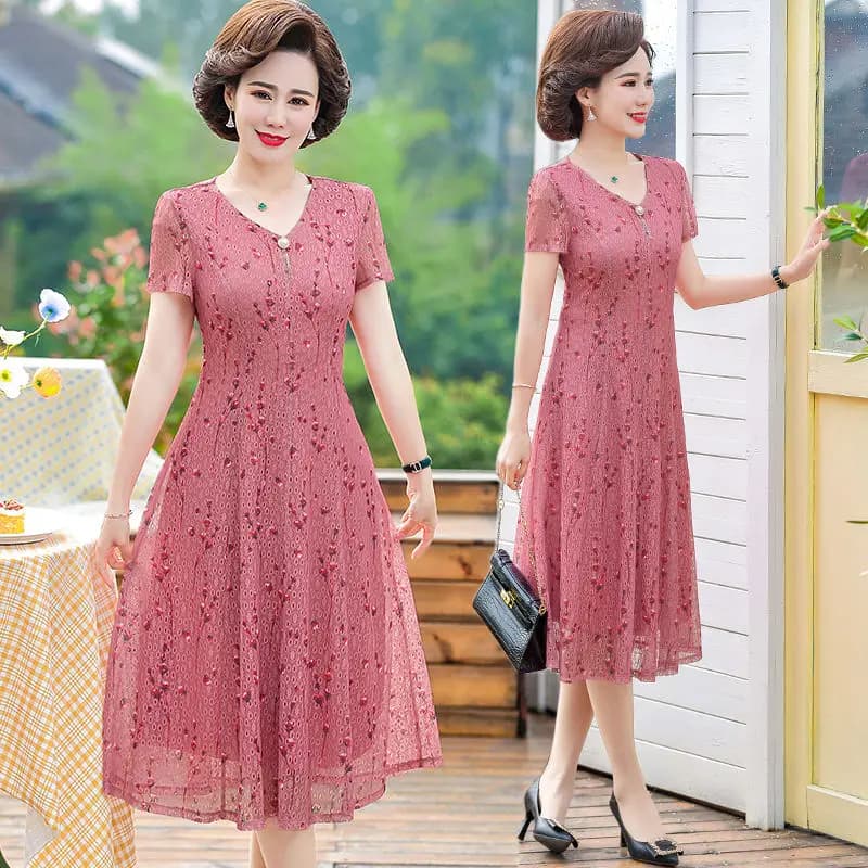Robe plissée à manches courtes en mousseline de soie pour femmes, tenue décontractée, Vintage, col en v, imprimé, âge moyen, été