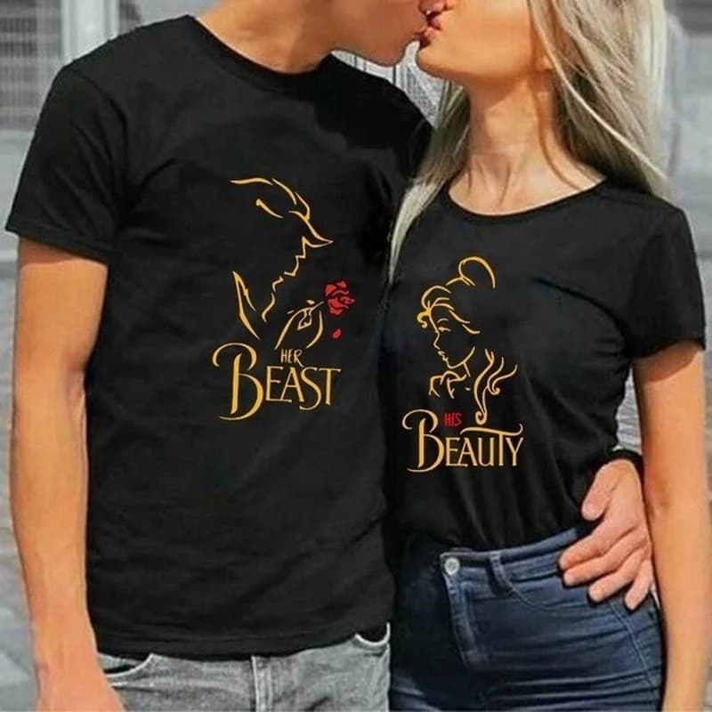T-shirt col rond pour couple, estival et décontracté, à la mode, avec imprimé de la Belle et la Bête, King et Queen, pour les amoureux