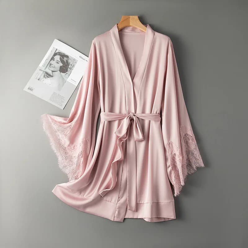 Robe de nuit Sexy en Satin et dentelle pour femmes, Kimono, peignoir rose, Robe de mariée, demoiselle d'honneur, vêtements de maison