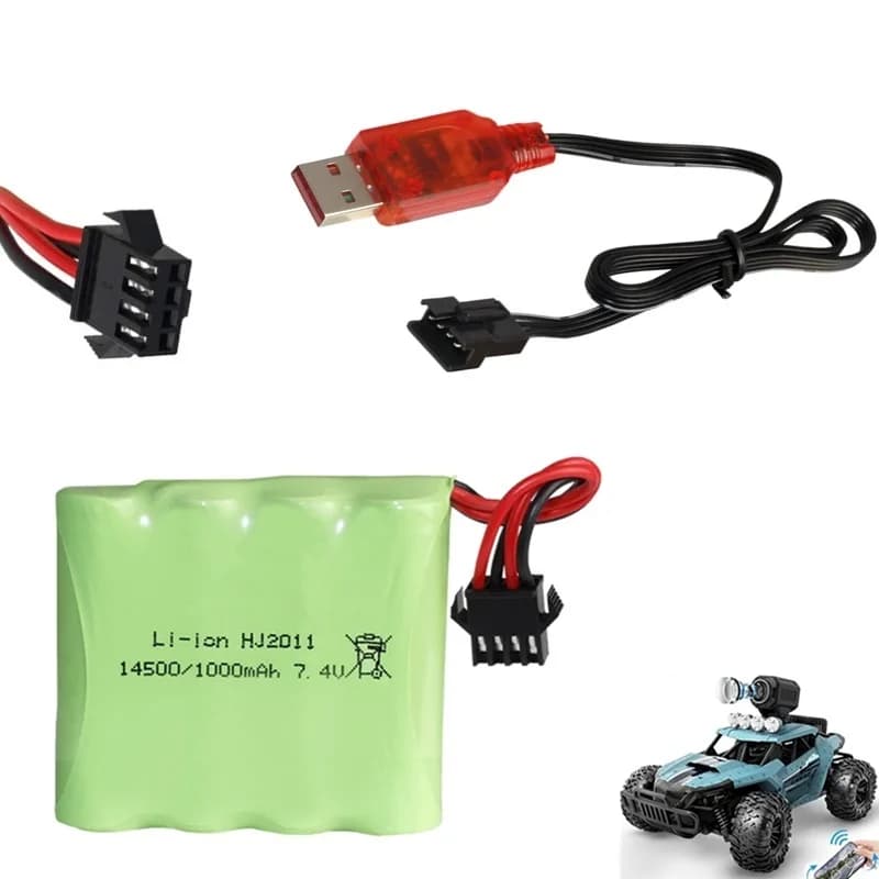 Batterie Lipo 7.4V 1000mAh 2S + chargeur pour DE36W 1:16RC tout-terrain 4WD, escalade à grande vitesse, course à dérive, accessoires de jouets
