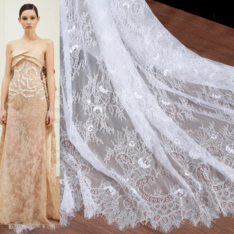 Tissu en dentelle de cils français, robe de mariée, jupe, coutures allongées, accessoires en dentelle, doux, noir et blanc, rose, violet