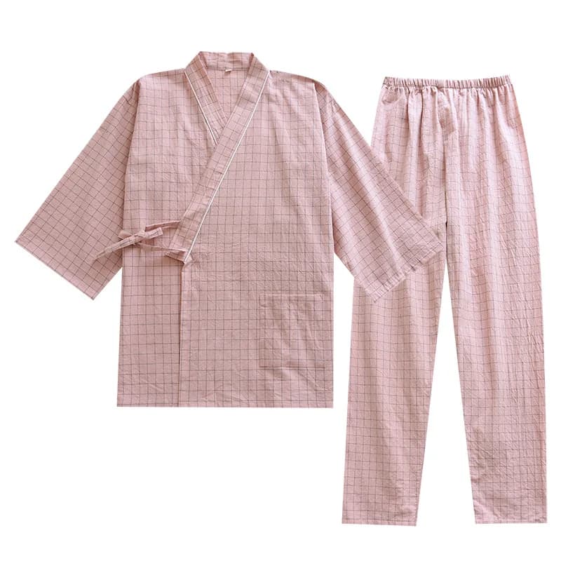 Pyjama Kimono trois-quarts à carreaux pour Couple, vêtements de nuit, col en v, en coton lavé, fin, pour la maison, 2 pièces, printemps