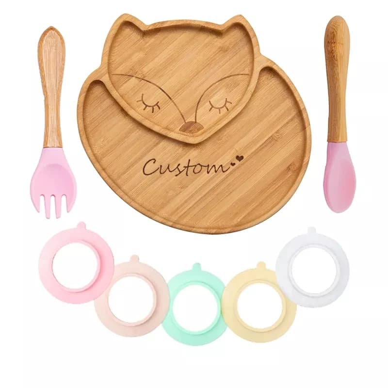 Bol d'alimentation en bambou personnalisé pour bébé, cuillère fourchette motif renard, vaisselle alimentaire, assiette d'entraînement en bois pour enfants, ventouse en Silicone amovible