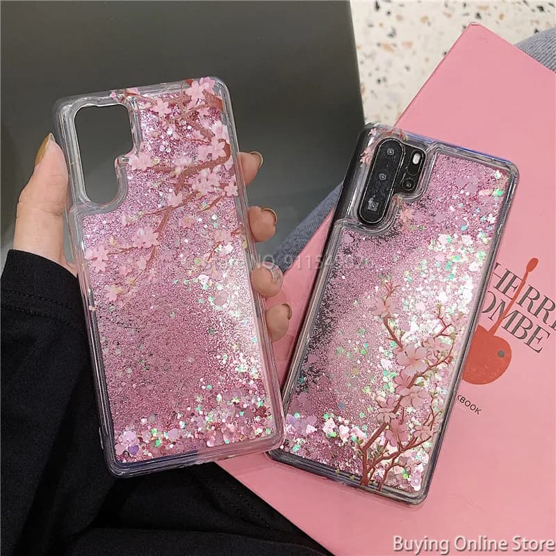 Coque de printemps rose en fleurs de cerisier, étui pour Huawei Mate 60 50 40 Pro P40 P50 P60 Pura 70 Ultra, protection de sable mouvant liquide à paillettes