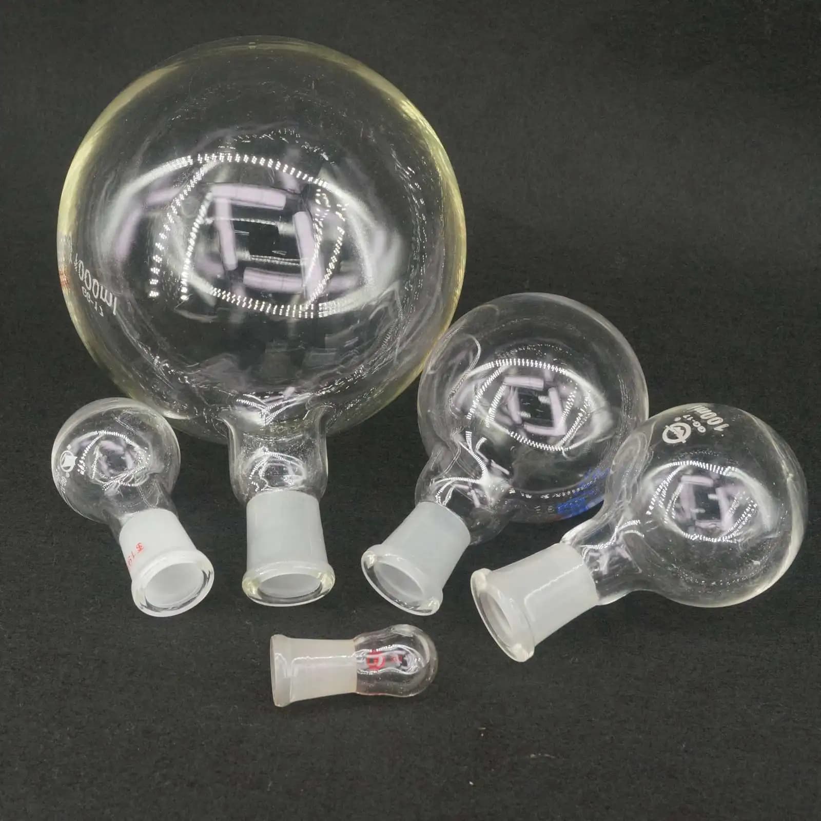 Bouteille en verre Borosilicate à fond rond, col court simple, 5/10/25/50/100ml, Joint #10 14/23 19/26 24/29 29/32