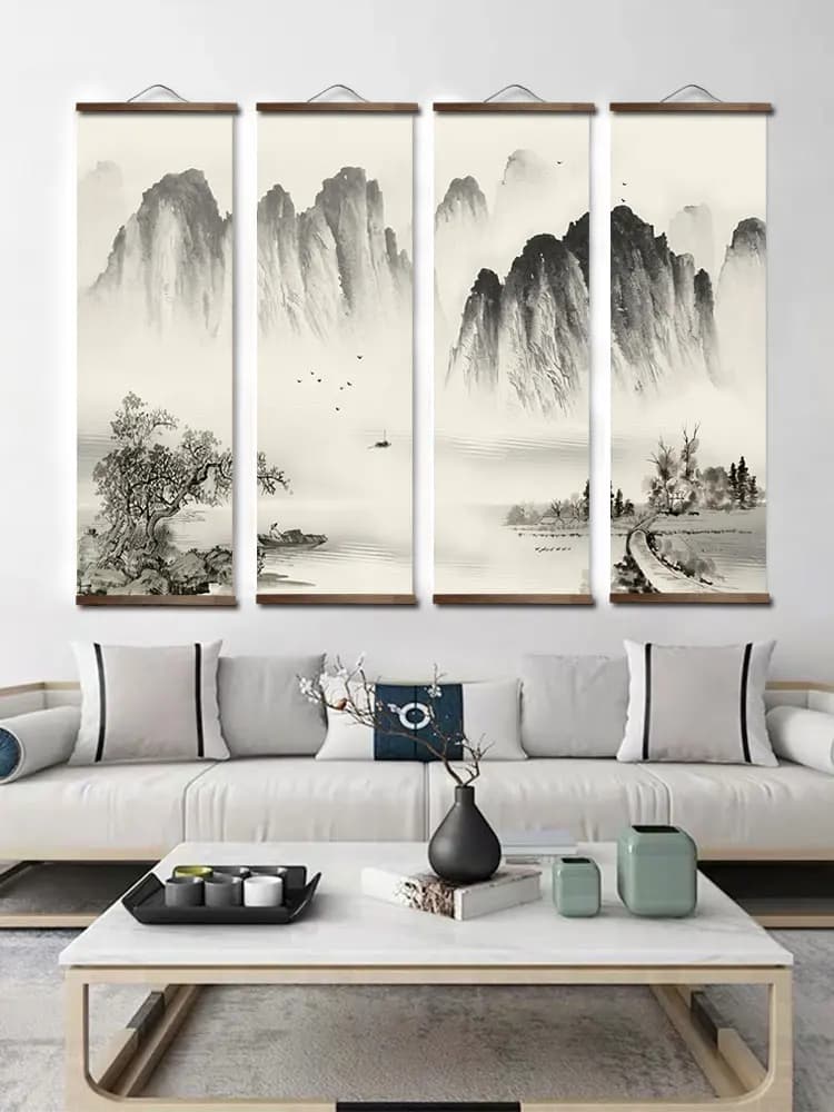 Peinture à l'encre de Style chinois, toile alpine décorative, affiches d'art murales pour chambre à coucher et salon, peintures en rouleau en bois massif