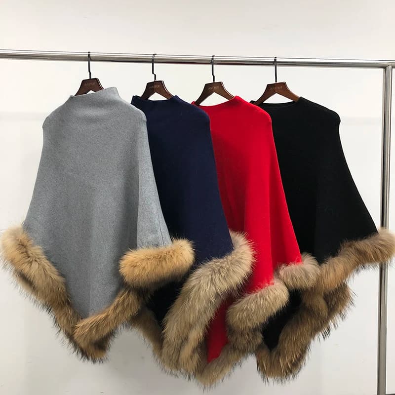 Poncho en laine pour femmes, garniture en fourrure de raton laveur naturelle, Cape rouge décontractée, pull Long en tricot, printemps automne