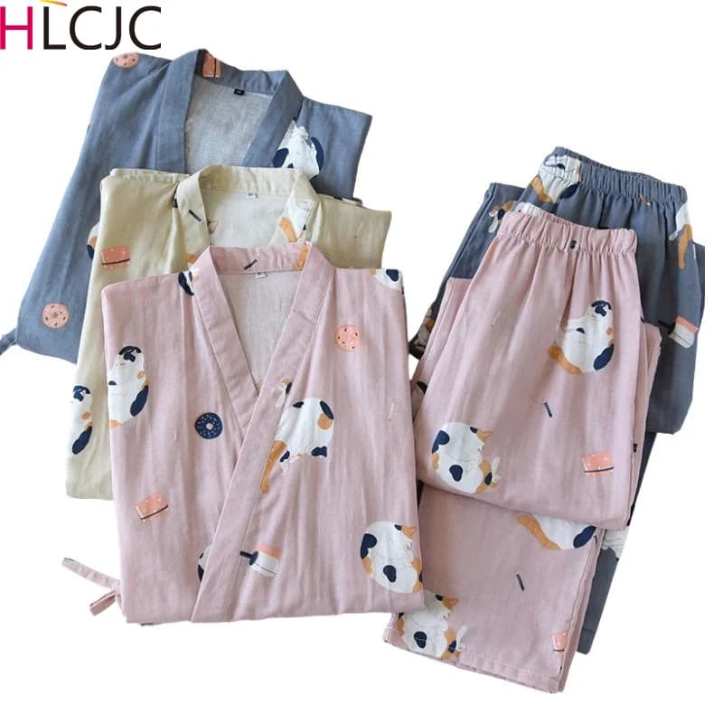 Ensemble de Pyjama en Gaze pour Homme et Femme, Kimono Traditionnel Japonais, Imprimé de Chats Mignons, Chemise de Nuit
