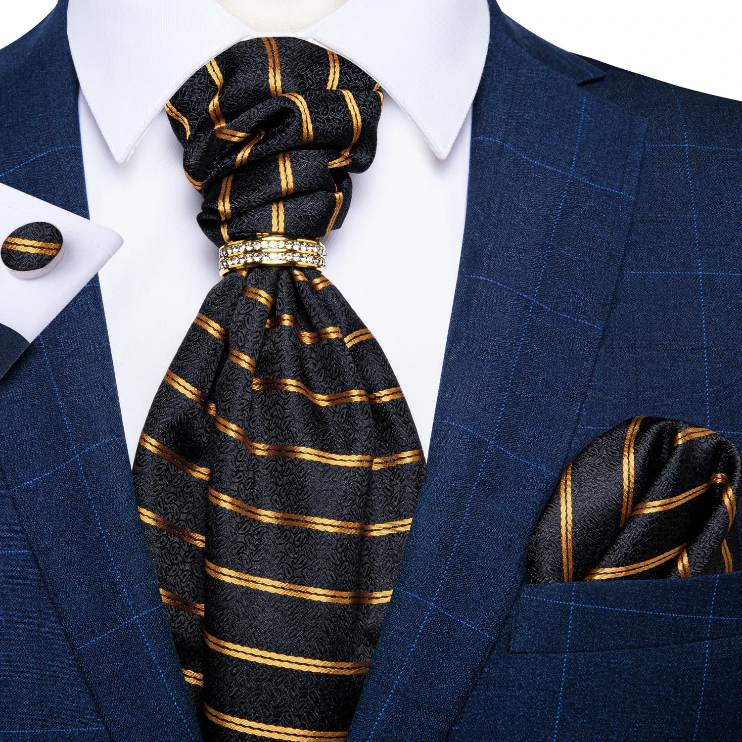 Cravates de luxe noires à rayures dorées pour hommes, cravate Ascot vintage en polyester, cravate à anneau, cadeau pour hommes
