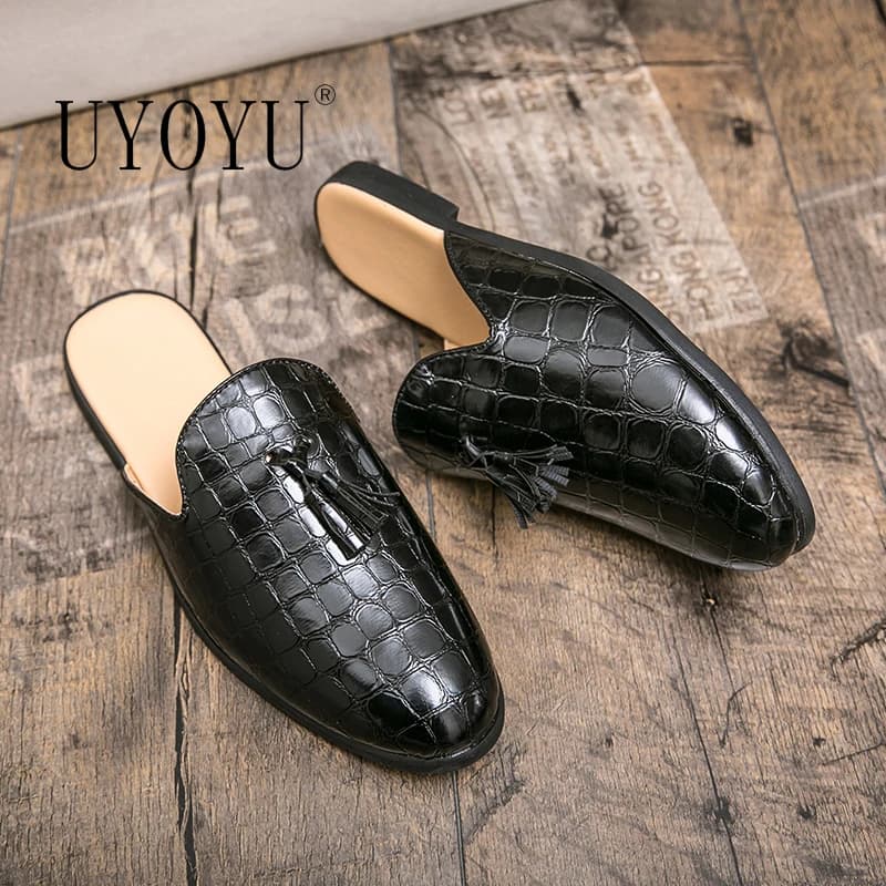 Mules en cuir verni crocodile noir pour homme, demi-chaussures de styliste à la mode, chaussures de luxe décontractées à enfiler