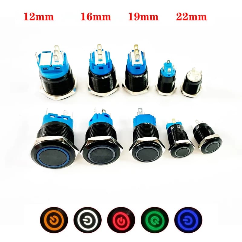Interrupteur à bouton-poussoir noir 12/16/19/22 mm, étanche, éclairé par LED, en métal plat, interrupteurs momentanés avec marquage d'alimentation 5V 12V 24V
