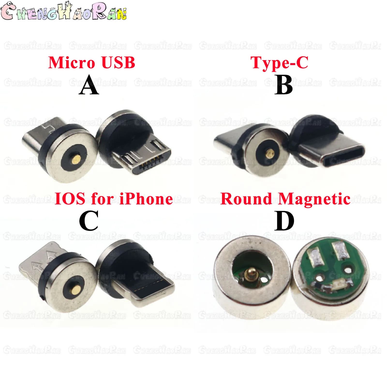 Prise de câble magnétique ronde de type C Micro USB C, prises 8 broches, adaptateur de charge rapide, téléphone Microusb, prise de chargeur magnétique de type C, 1PC