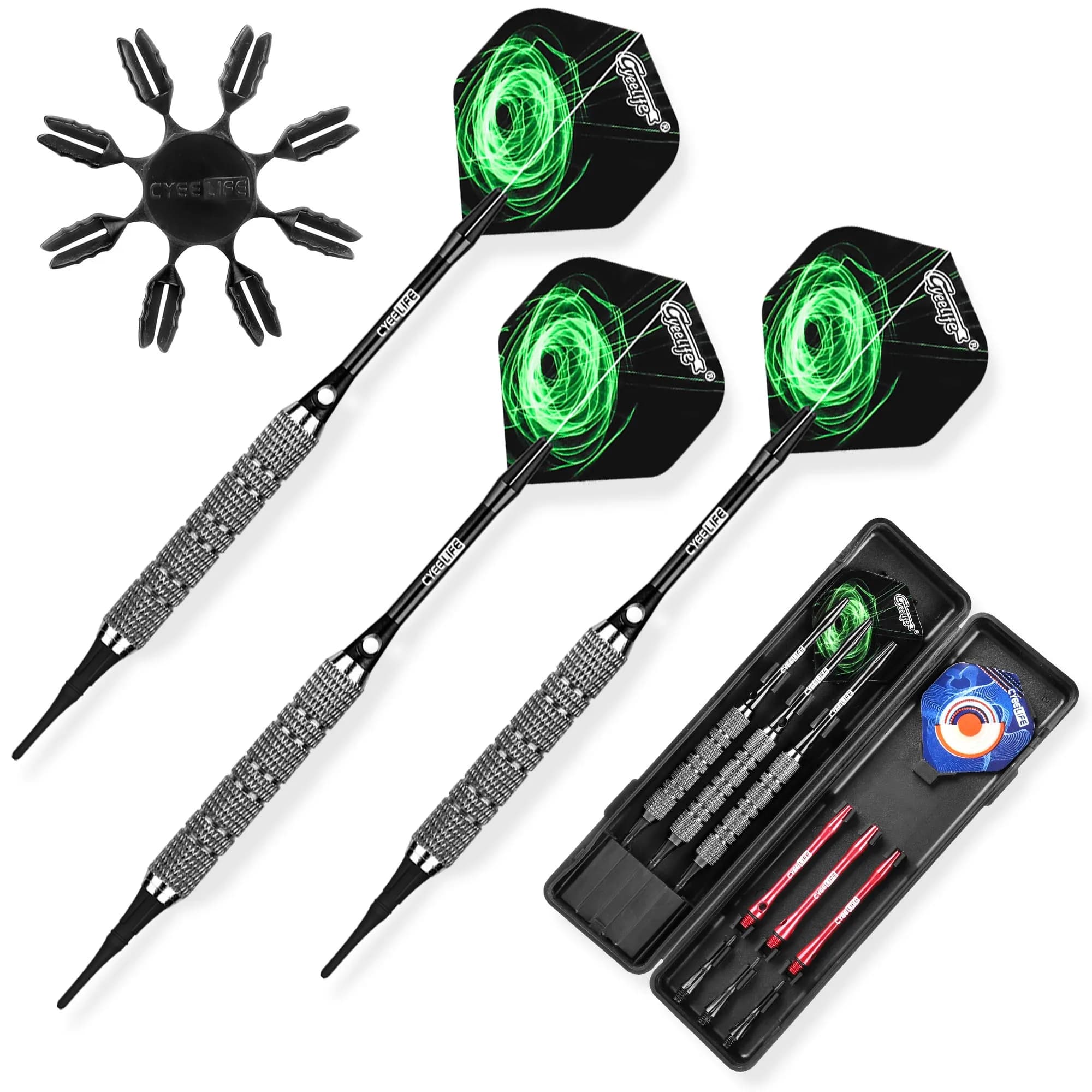 CyeeLife 16/18/22g fléchettes à pointe souple avec étui de transport, 6 arbres en aluminium (2 couleurs) + vols supplémentaires + protecteurs en plastique