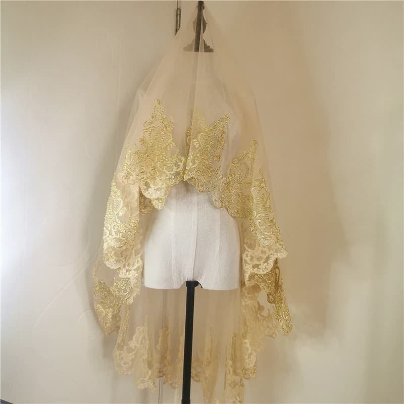 Voile de mariée doré avec ceinture en Satin, bord en dentelle, accessoires de mariage, en Tulle, longueur 1.5 m