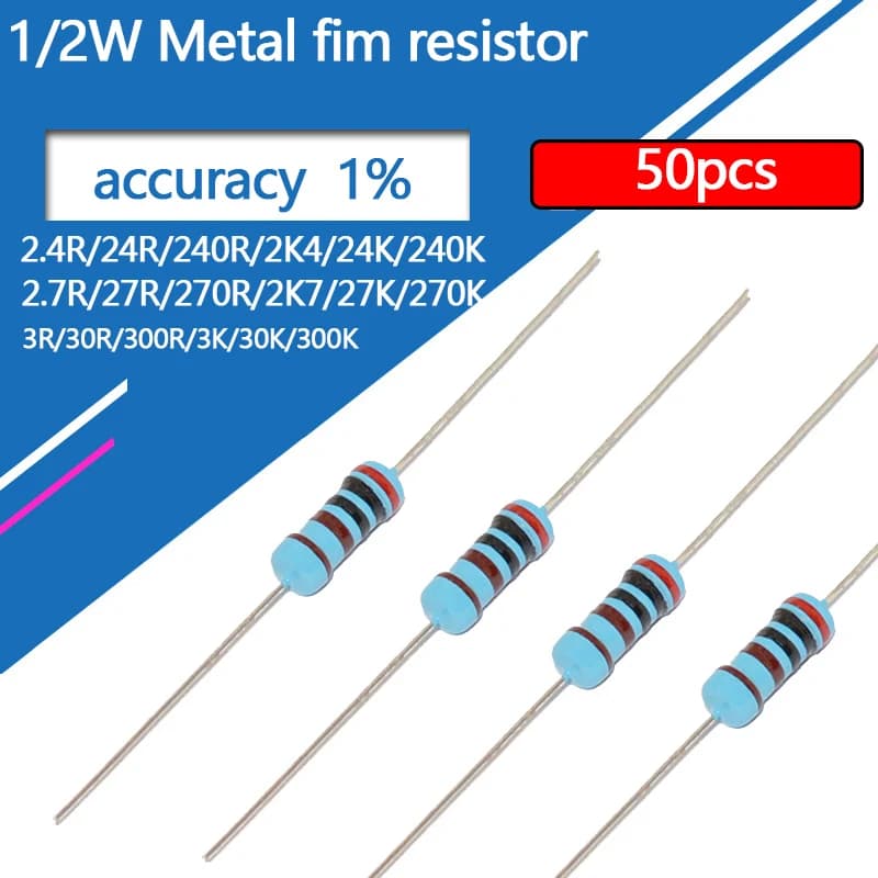Résistances à Film métallique 1/2W 2.4 2.7 3 24 27 30 240 270 300 R Ohm 1% 0.5W anneau cinq couleurs 2K4 2K7 3K résistance 2R4 3R 50 pièces