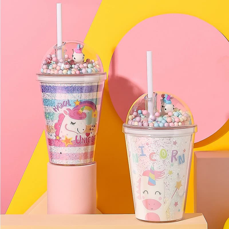 Bouteille d'eau en plastique à Double couche avec couvercle de licorne en paille, tasse créative de Style coréen pour cadeau au lait, café, thé, tasse pratique