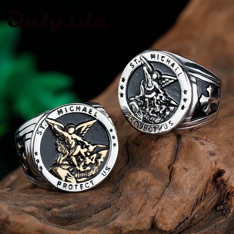 Bagues St-Michael en acier inoxydable 316L pour hommes, bon Talisman, bague de motard esthétique religieux pour hommes et garçons, bijoux à la mode Anel