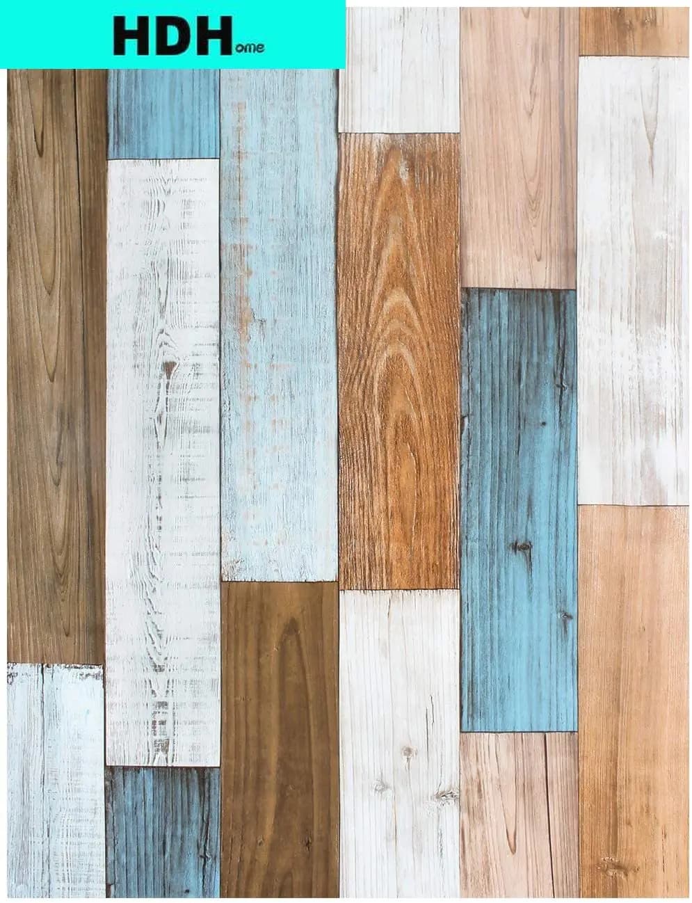 Papier peint vinyle auto-adhésif en bois de 6M, papier peint amovible pelé et collé en bois bleu, décoration murale de meubles