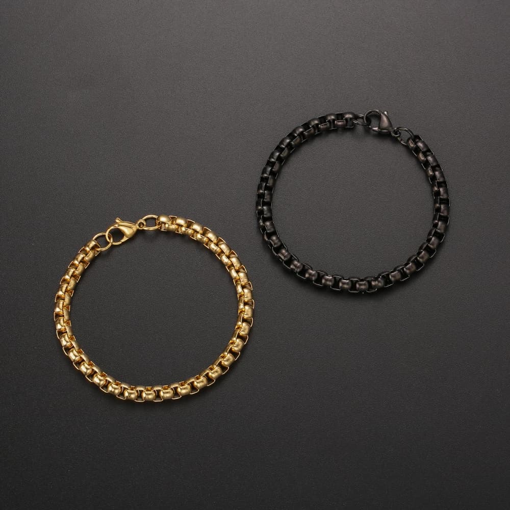 Prix de gros 6MM acier inoxydable plaqué or noir carré perle chaîne Bracelet bijoux de mode pour hommes et femmes 18/20 cm