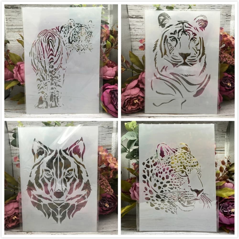 Pochoirs A4 29cm motif tigre léopard loup, 4 pièces, pour peinture murale, scrapbooking, coloriage, gaufrage, modèle décoratif d'album