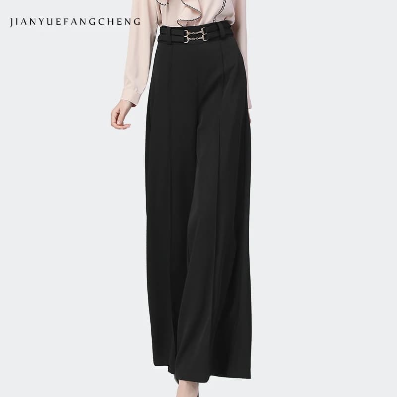 Pantalons larges noirs pour femmes, été, taille haute, coupe droite, décontractés, élégants, pantalons palazzo ajustés