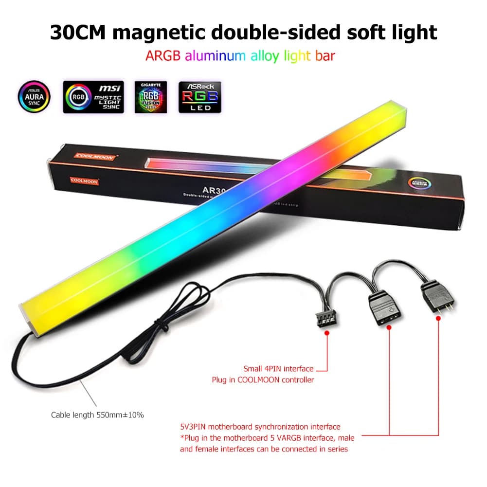 Coolmoon – bande lumineuse LED RGB, 30cm, 5V, 3 broches, en alliage d'aluminium, pour boîtier d'ordinateur