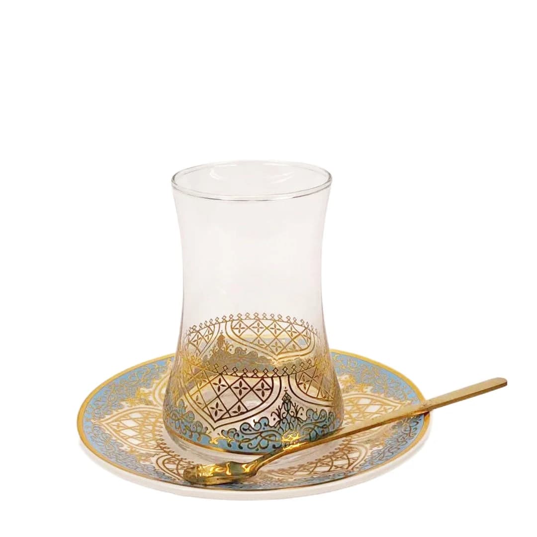 Ensemble de verres à thé turcs avec cuillère, tasse à café, verre romantique, bleu, or, décoration de cuisine, boire