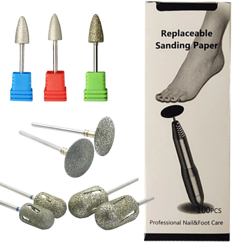 Accessoires de pédicure et manucure : Fraise à ongles diamantée, Bande abrasive, Fraise rotative en papier, Râpe à pieds, Coupe-cuticules, Lime à pieds