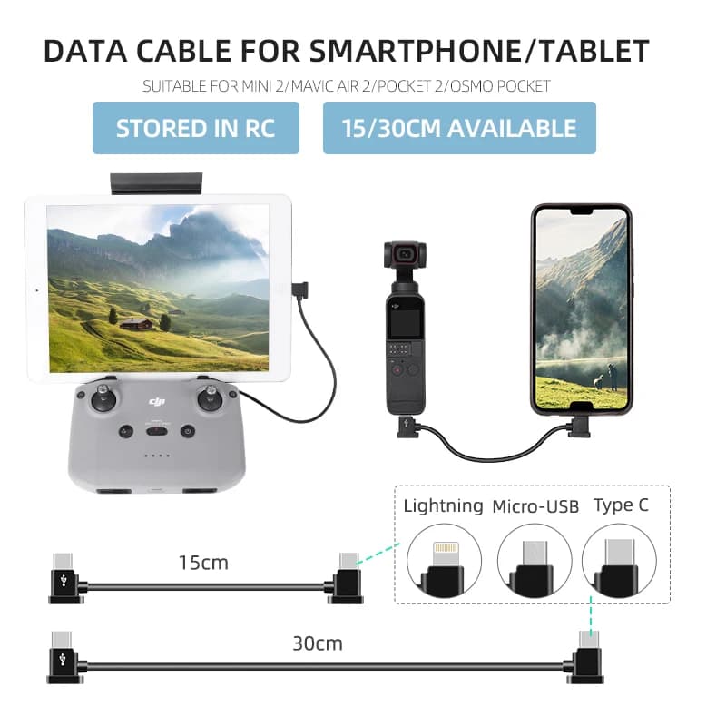 Câble de données TYPE-C vers Lightning/TYPE-C/Micro-USB, 15/30cm, pour tablette Smartphone DJI MINI 3 PRO/MINI 2/POCKET 2/MAVIC AIR 2s, 1 pièce