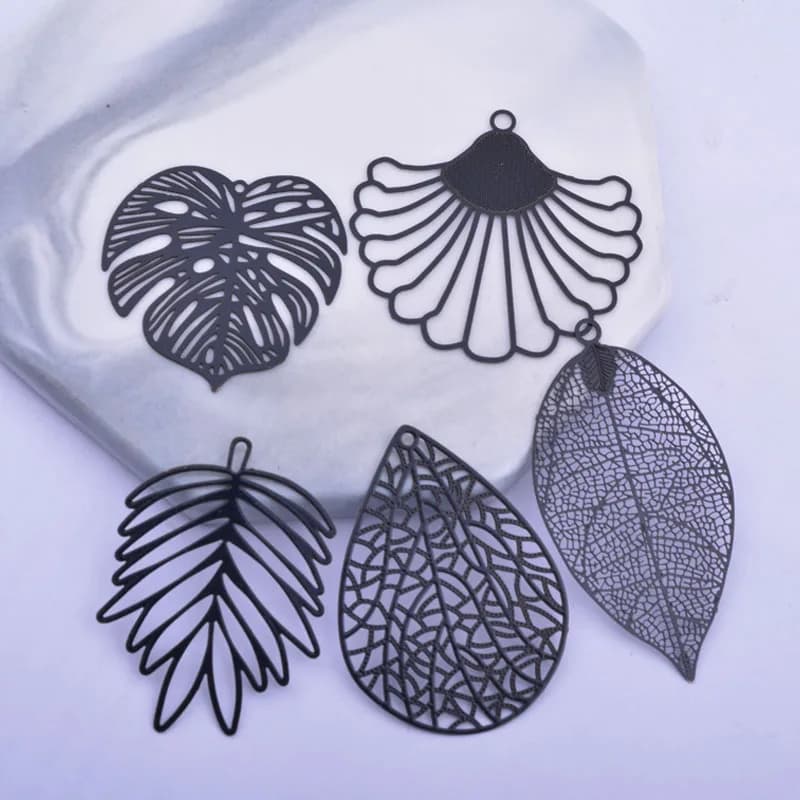 6 pièces bricolage fabrication boucle d'oreille noir grande feuille breloques résultats de bijoux