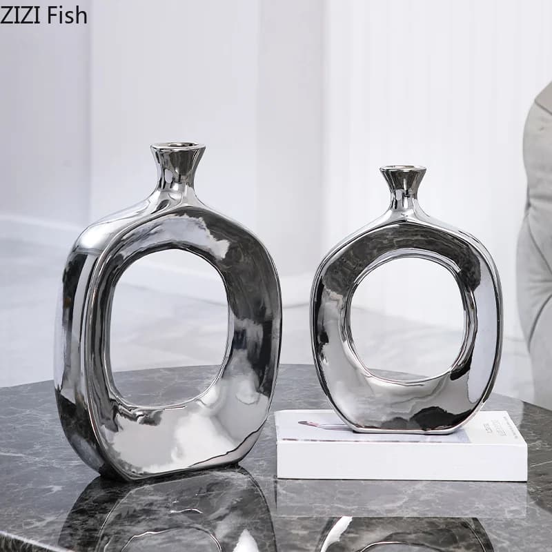 Vase à fleurs en céramique amissié moderne, accessoires de fleurs argentées, vase à fleurs dorées, décoration de la maison, accessoires de mariage